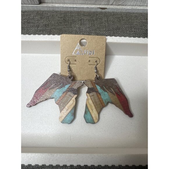 Wooden Horse Earrings Multicolor Stripe Western Womens Fashion Lightweight - Picture 1 of 3